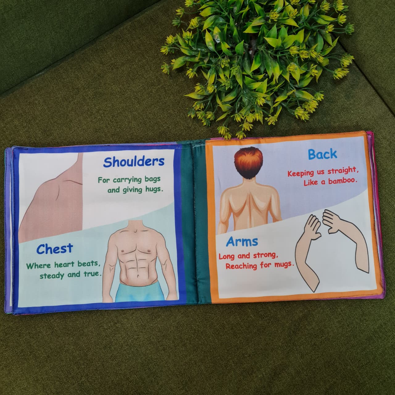 A "My Amazing Body: Head to Toe" fabric book by Kidogen, showing a cartoon child meditating with illustrations of body parts and organs around them.